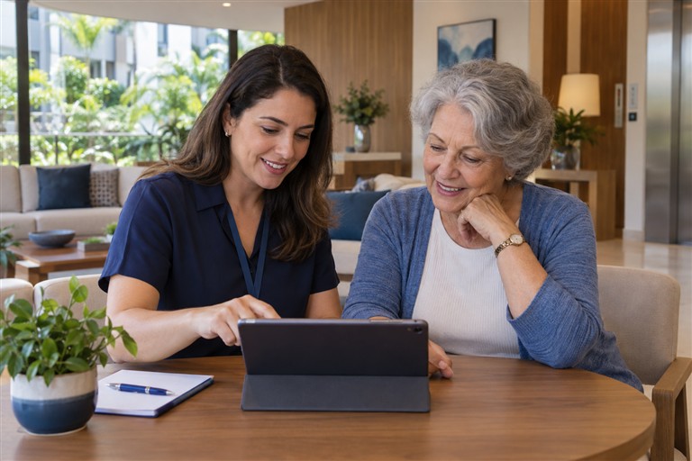 Administradora ajudando uma moradora a consultar informações em um tablet no condomínio.