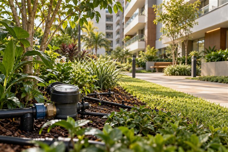 Jardim com irrigação e medidor para acompanhar o consumo de água.
