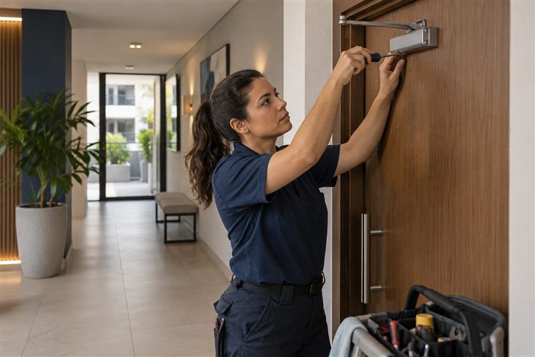 Profissional realizando manutenção em uma porta da área comum.