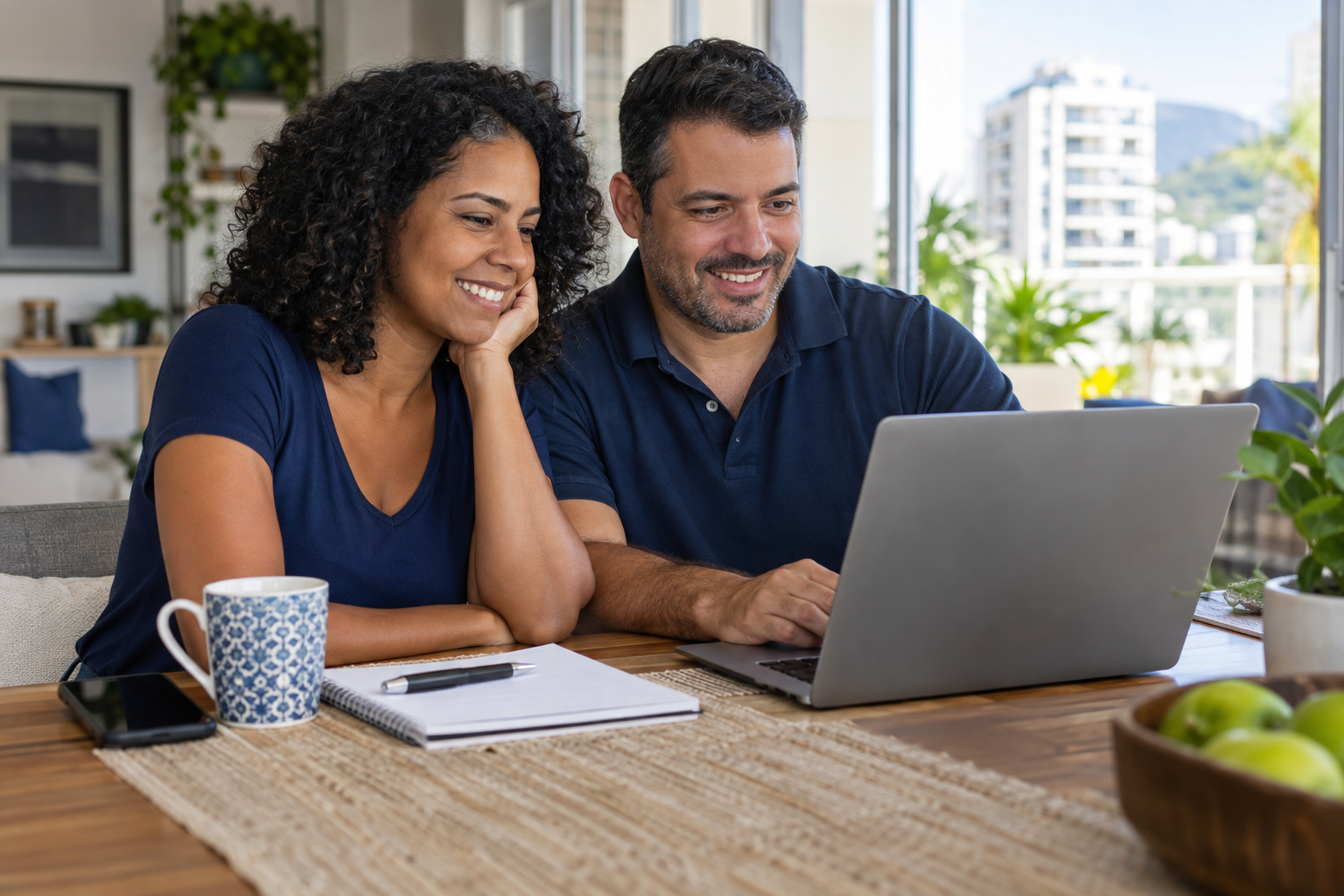 Casal sorrindo enquanto organiza as finanças com um notebook em casa.